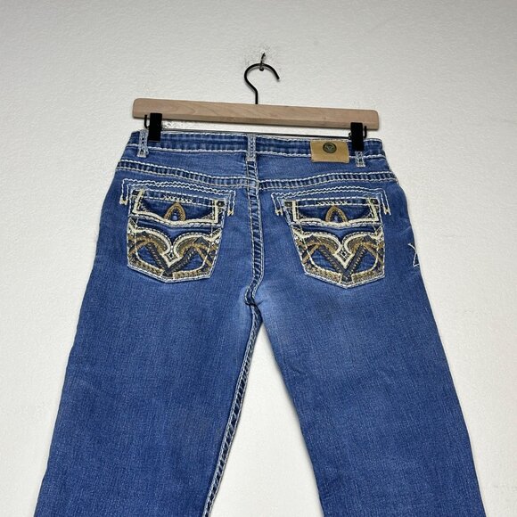 Western Blue Denim Jean Pant Women 30 Blue Embroidered Indie Rock Riding Bootcut - Picture 14 of 15